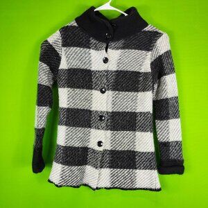 Plaid Black & White Button-Up Sweater With High Collar Mohair
